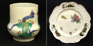 Chantilly soft-paste plates, Japanese Kakiemon style 1735 AD, and Meissen style 1760 AD - courtesy R&G McPherson Antiques